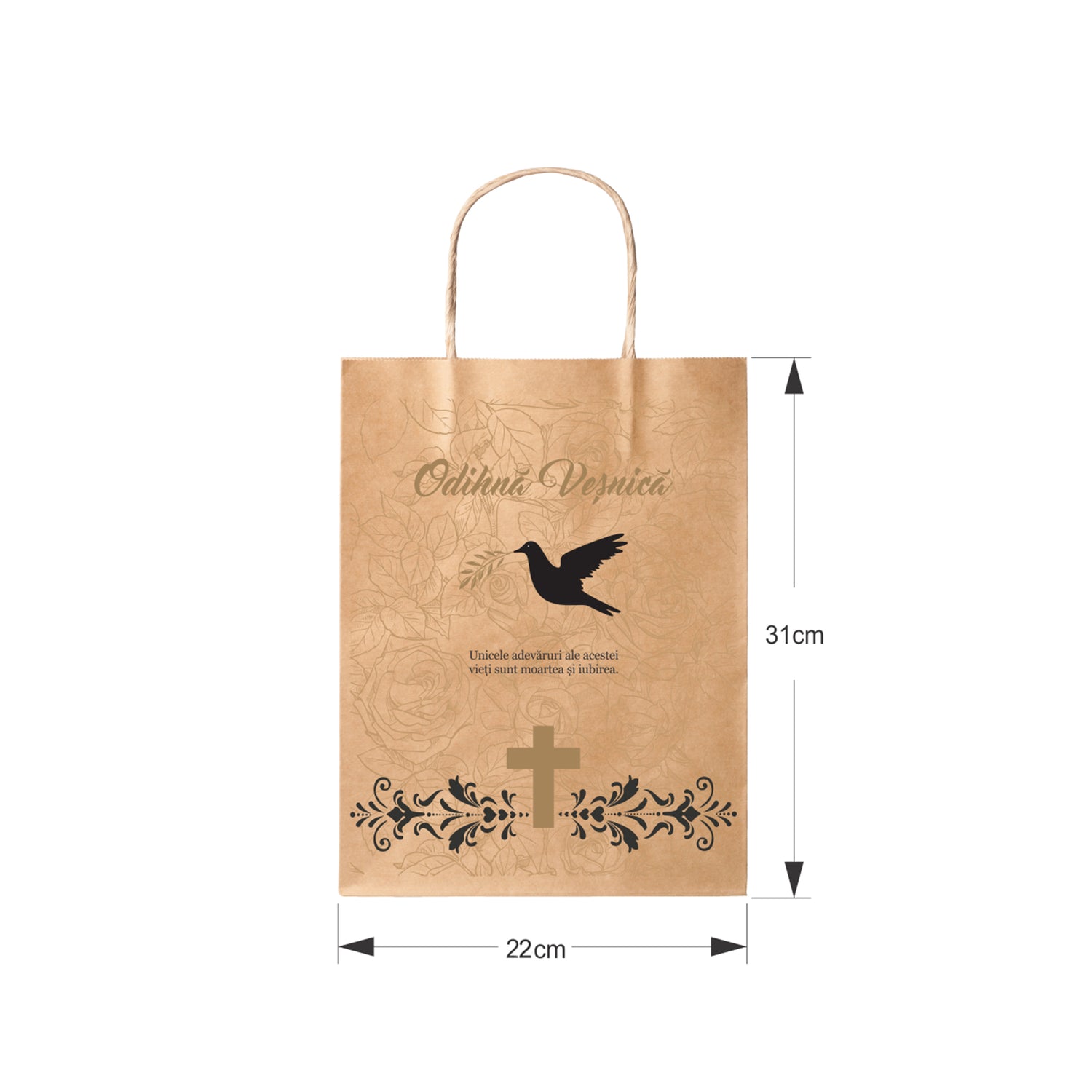Pungă hârtie kraft NATUR pentru parastas, pomană, înmormântare „Porumbel cu Trandafiri” Odihnă Veşnică – mânere răsucite – 22 x 31(H) x 10 cm