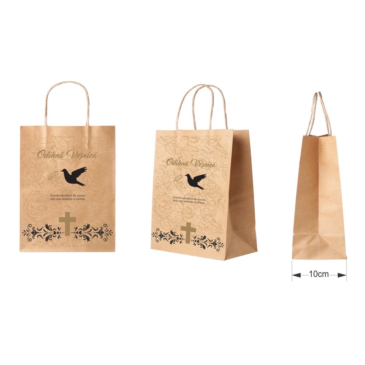 Pungă hârtie kraft NATUR pentru parastas, pomană, înmormântare „Porumbel cu Trandafiri” Odihnă Veşnică – mânere răsucite – 22 x 31(H) x 10 cm