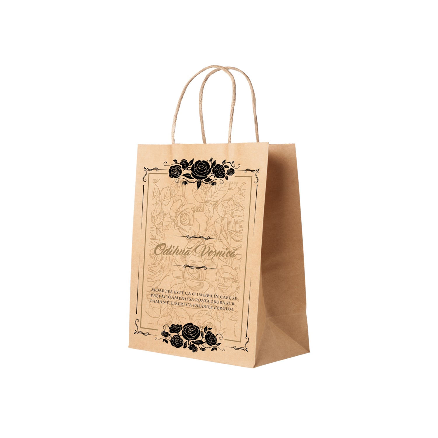 Pungă hârtie kraft NATUR pentru parastas, pomană, înmormântare „Trandafiri Negri” Odihnă Veşnică – mânere răsucite – 22 x 31(H) x 10 cm