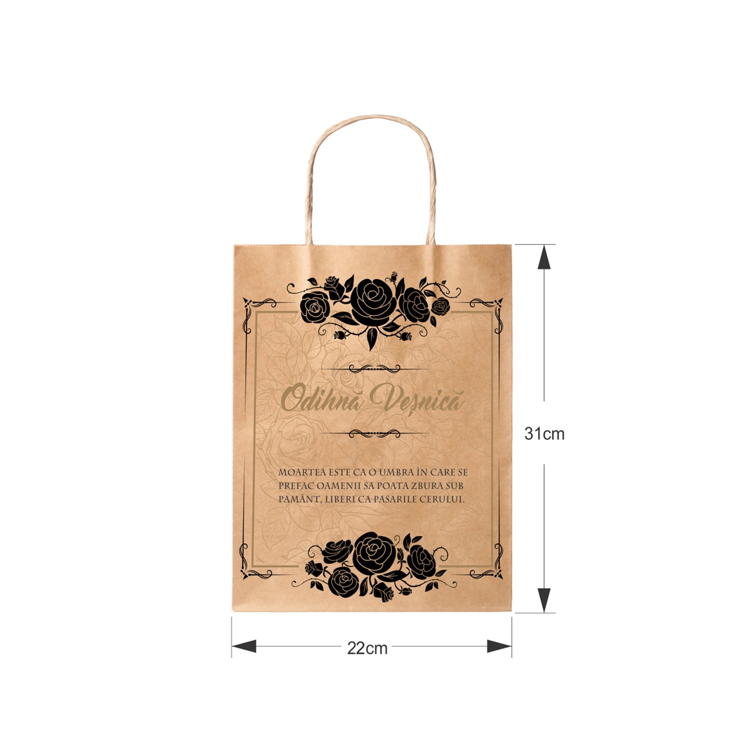 Pungă hârtie kraft NATUR pentru parastas, pomană, înmormântare „Trandafiri Negri” Odihnă Veşnică – mânere răsucite – 22 x 31(H) x 10 cm