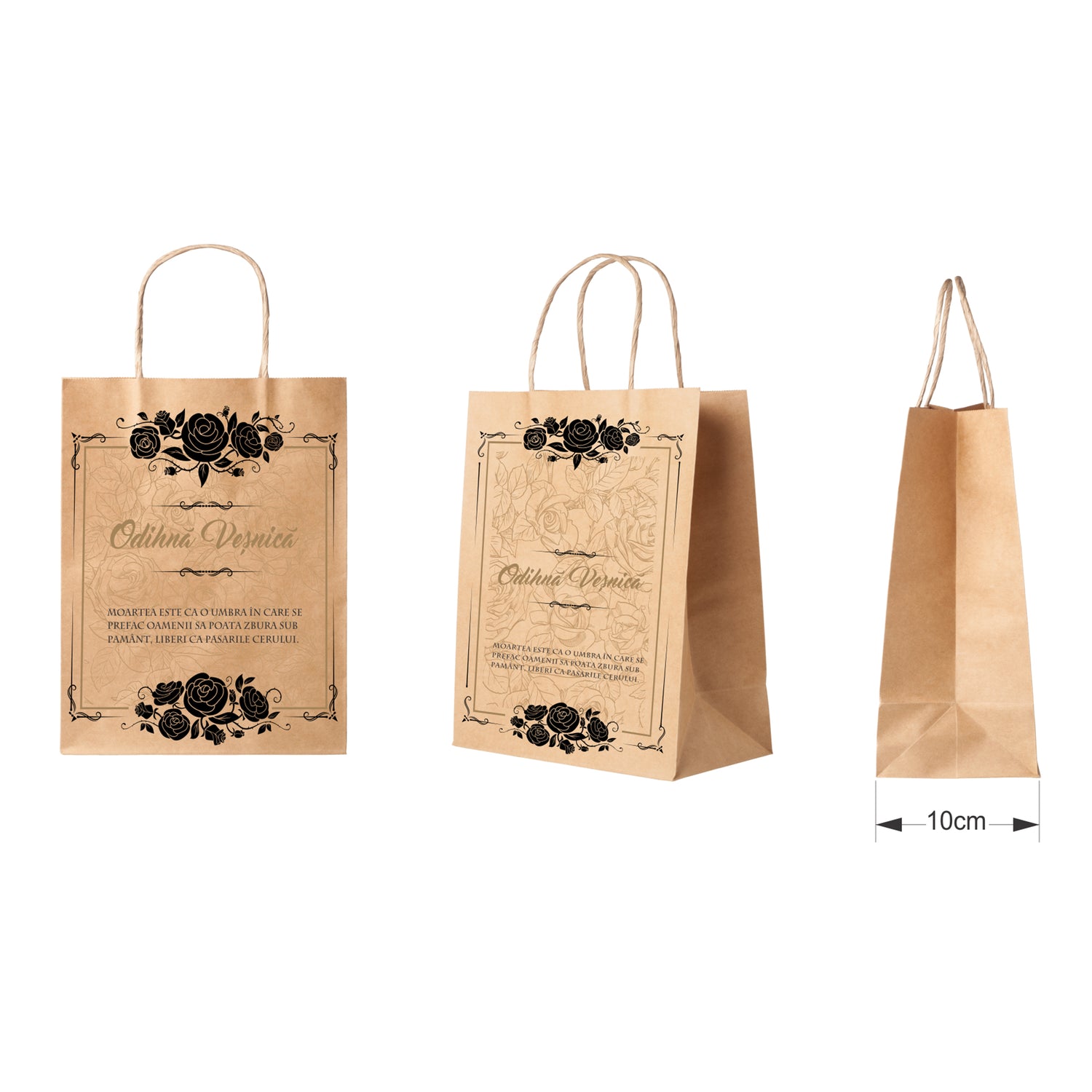 Pungă hârtie kraft NATUR pentru parastas, pomană, înmormântare „Trandafiri Negri” Odihnă Veşnică – mânere răsucite – 22 x 31(H) x 10 cm