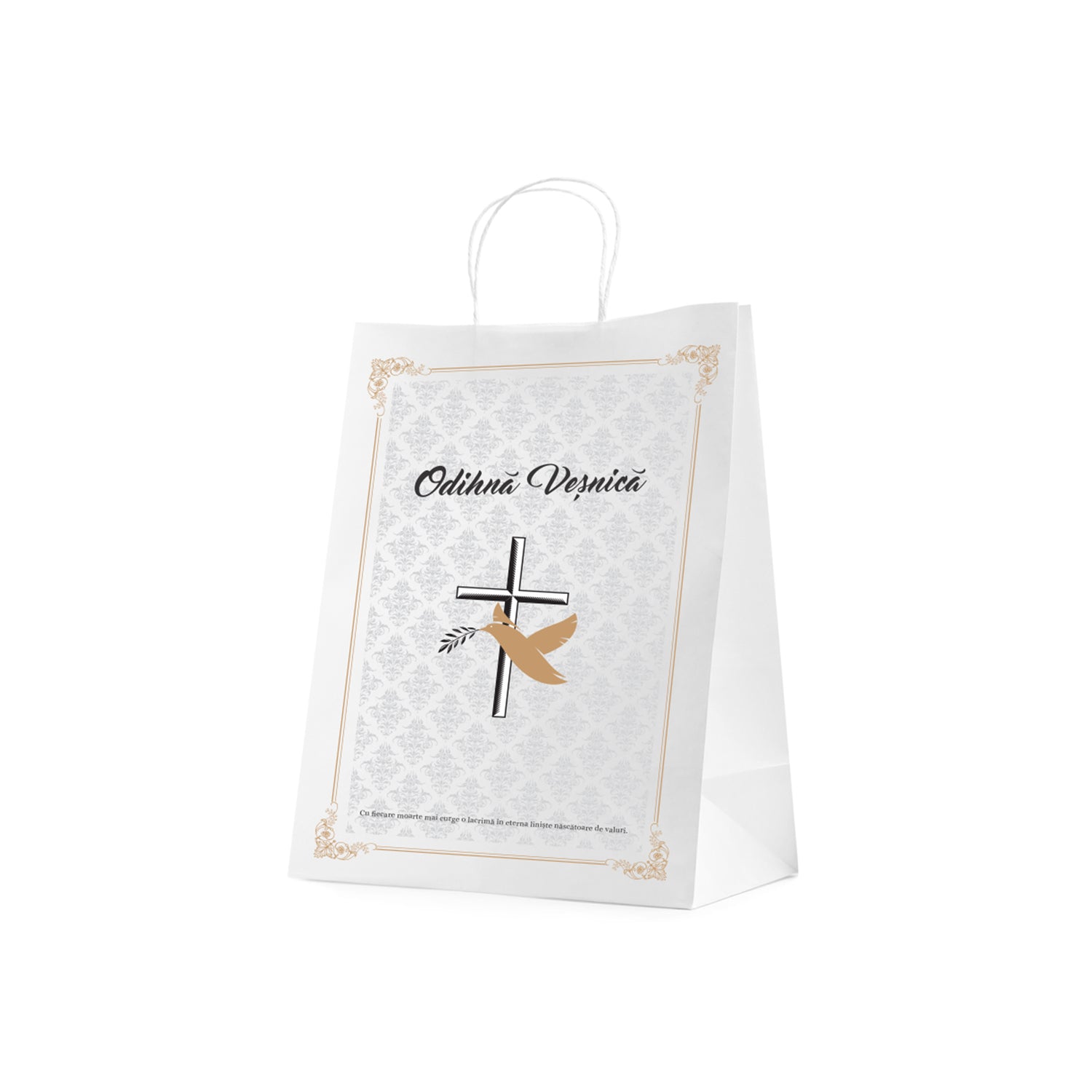 Pungă hârtie kraft ALB pentru parastase, comemorări, înmormântări Odihnă Veșnică, mânere răsucite - Model 1 24 x 31(H) x 10cm