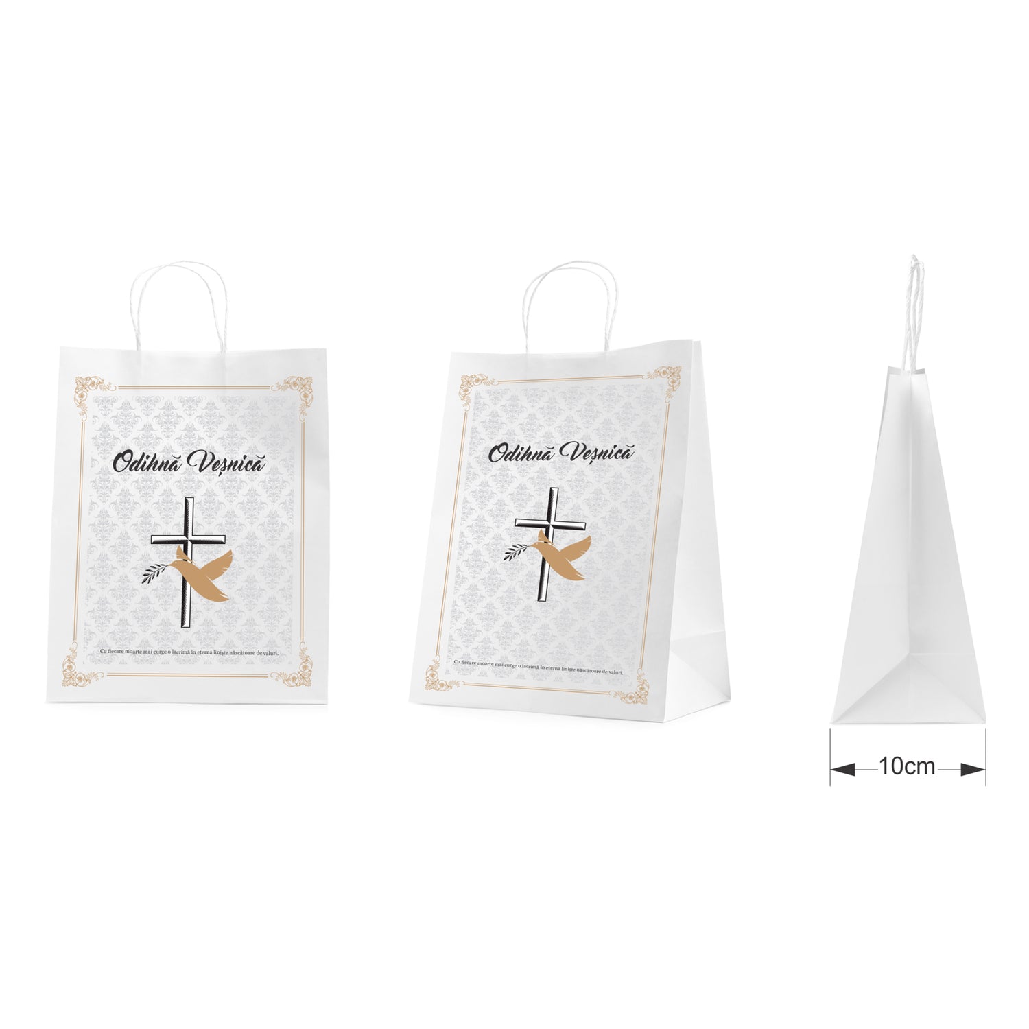 Pungă hârtie kraft ALB pentru parastase, comemorări, înmormântări Odihnă Veșnică, mânere răsucite - Model 1 24 x 31(H) x 10cm