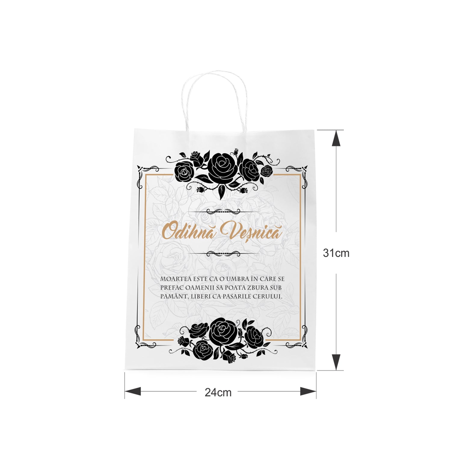 Pungă hârtie kraft ALB pentru parastase, comemorări, înmormântări Odihnă Veșnică, mânere răsucite - Model 7 24 x 31(H) x 10cm