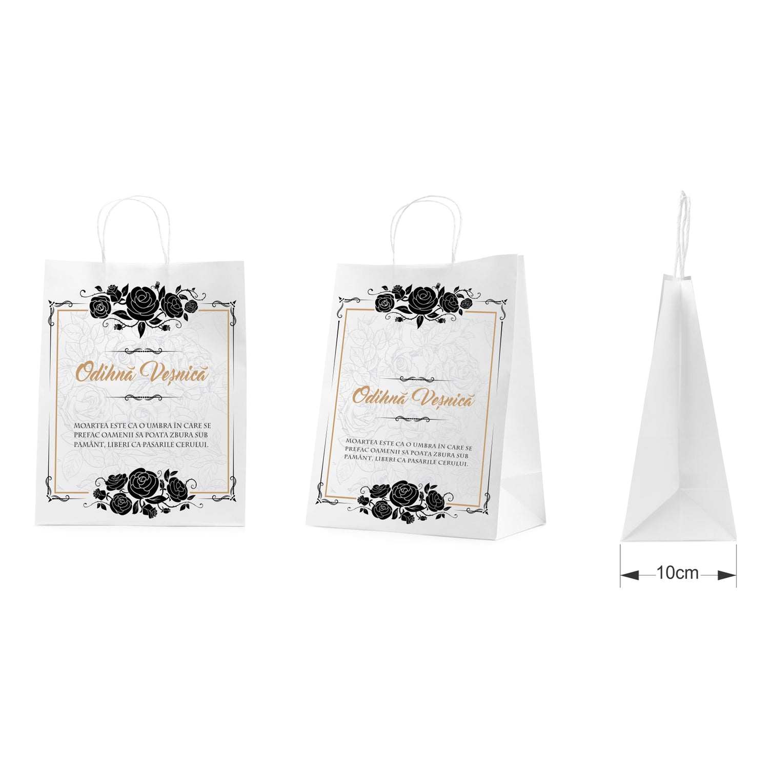 Pungă hârtie kraft ALB pentru parastase, comemorări, înmormântări Odihnă Veșnică, mânere răsucite - Model 7 24 x 31(H) x 10cm