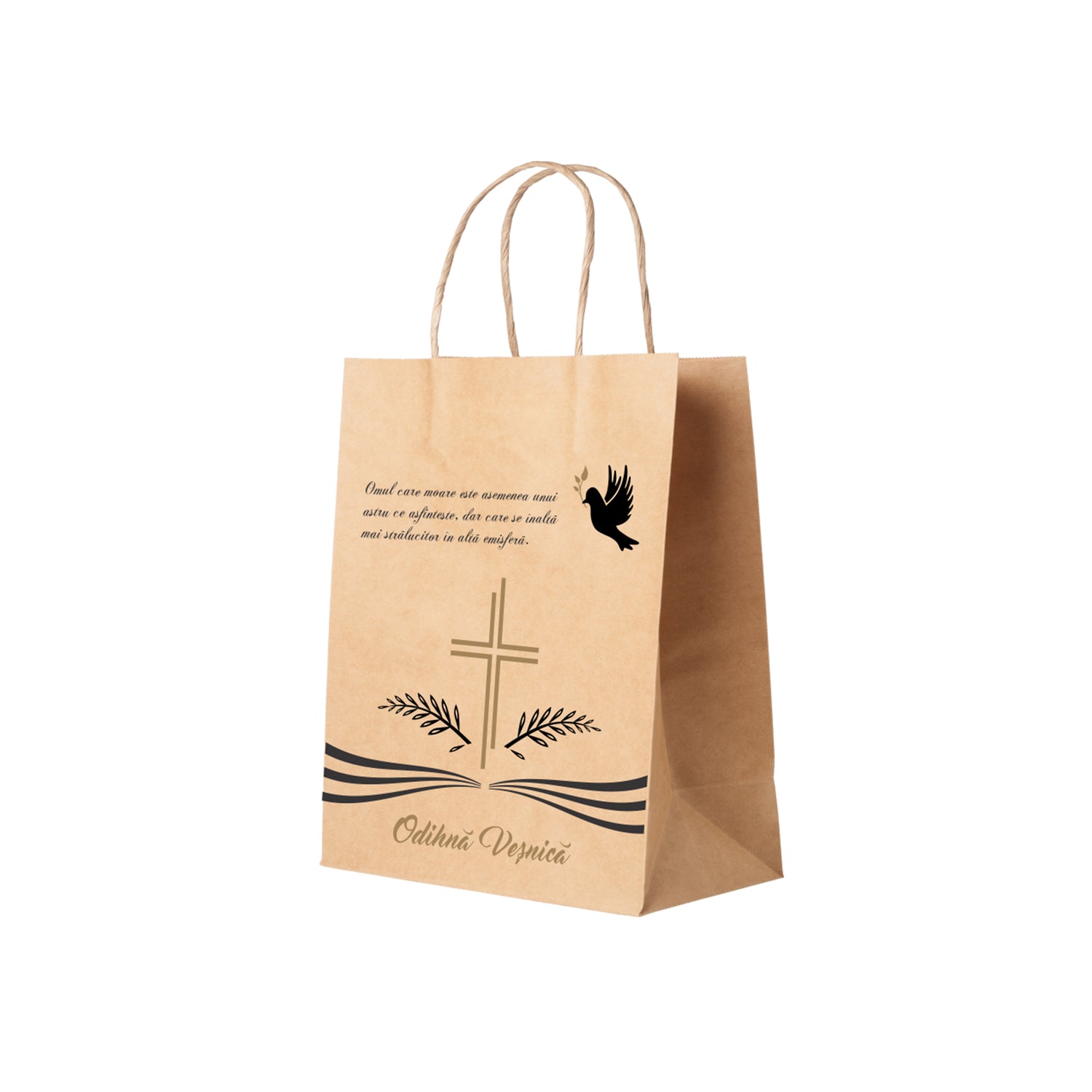 Pungă hârtie kraft NATUR pentru parastase, comemorări, înmormântări Odihnă Veșnică, mânere răsucite - Model 3 24 x 31(H) x 10cm