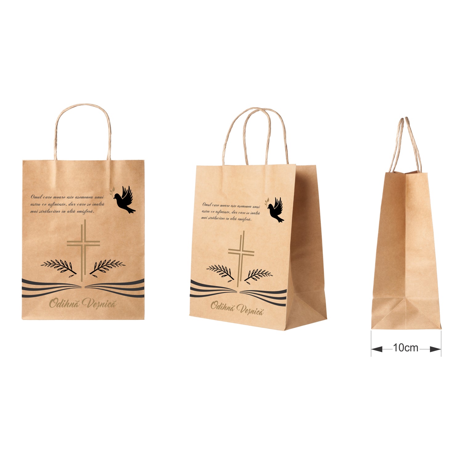 Pungă hârtie kraft NATUR pentru parastase, comemorări, înmormântări Odihnă Veșnică, mânere răsucite - Model 3 24 x 31(H) x 10cm