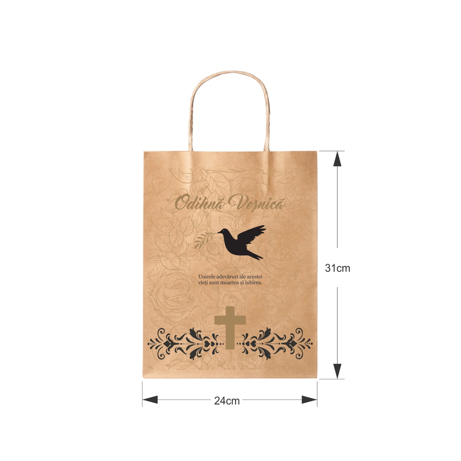 Pungă hârtie kraft NATUR pentru parastase, comemorări, înmormântări Odihnă Veșnică, mânere răsucite - Model 6 24 x 31(H) x 10cm