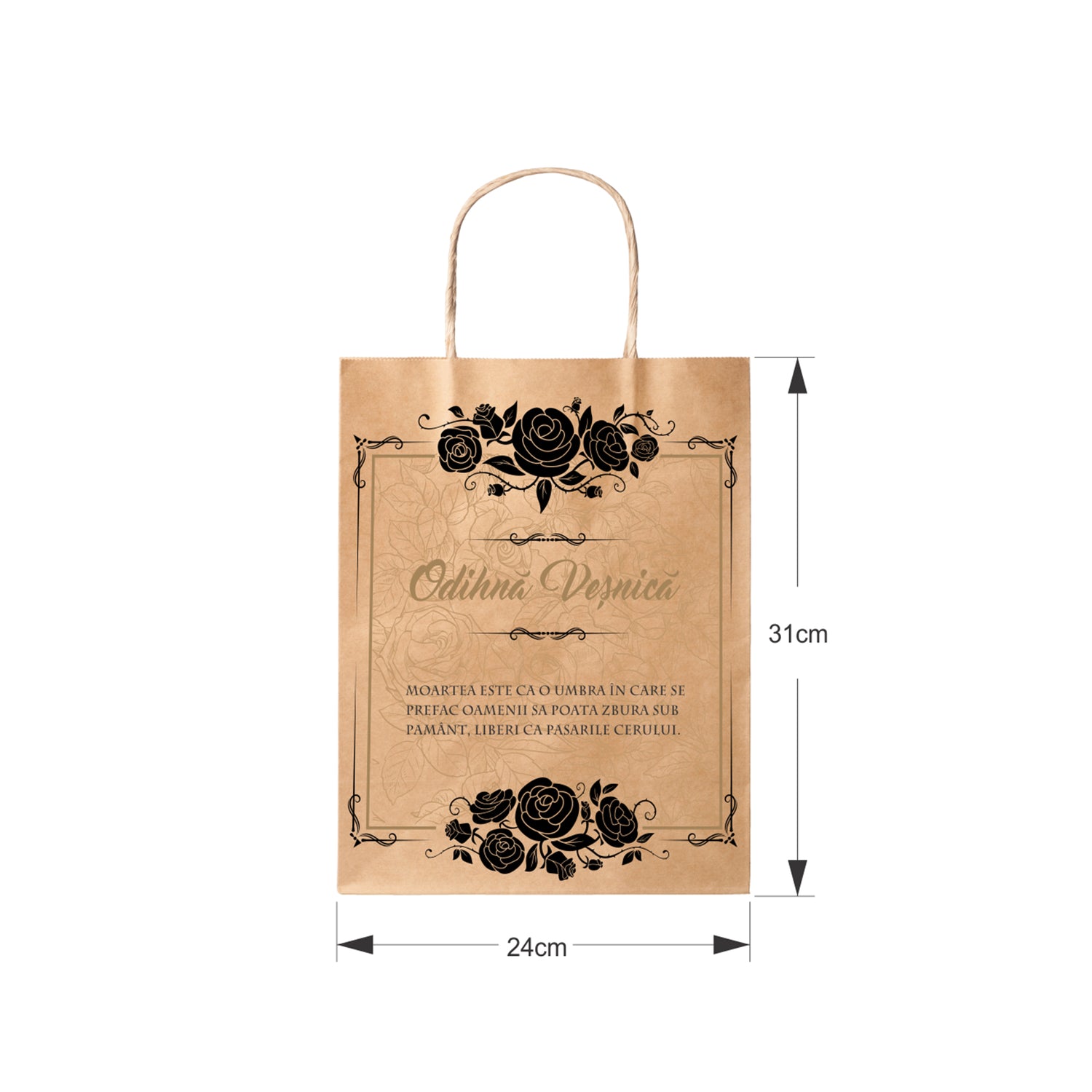 Pungă hârtie kraft NATUR pentru parastase, comemorări, înmormântări Odihnă Veșnică, mânere răsucite - Model 7 24 x 31(H) x 10cm