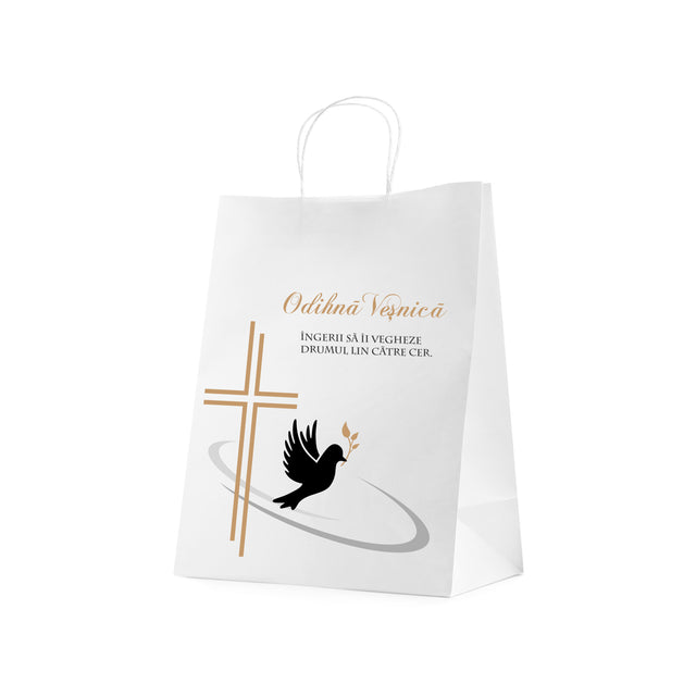 Pungă hârtie kraft ALB pentru parastas, pomană, înmormântare „Drumul Spre Cer” Odihnă Veşnică – mânere răsucite – 26 x 35(H) x 12 cm