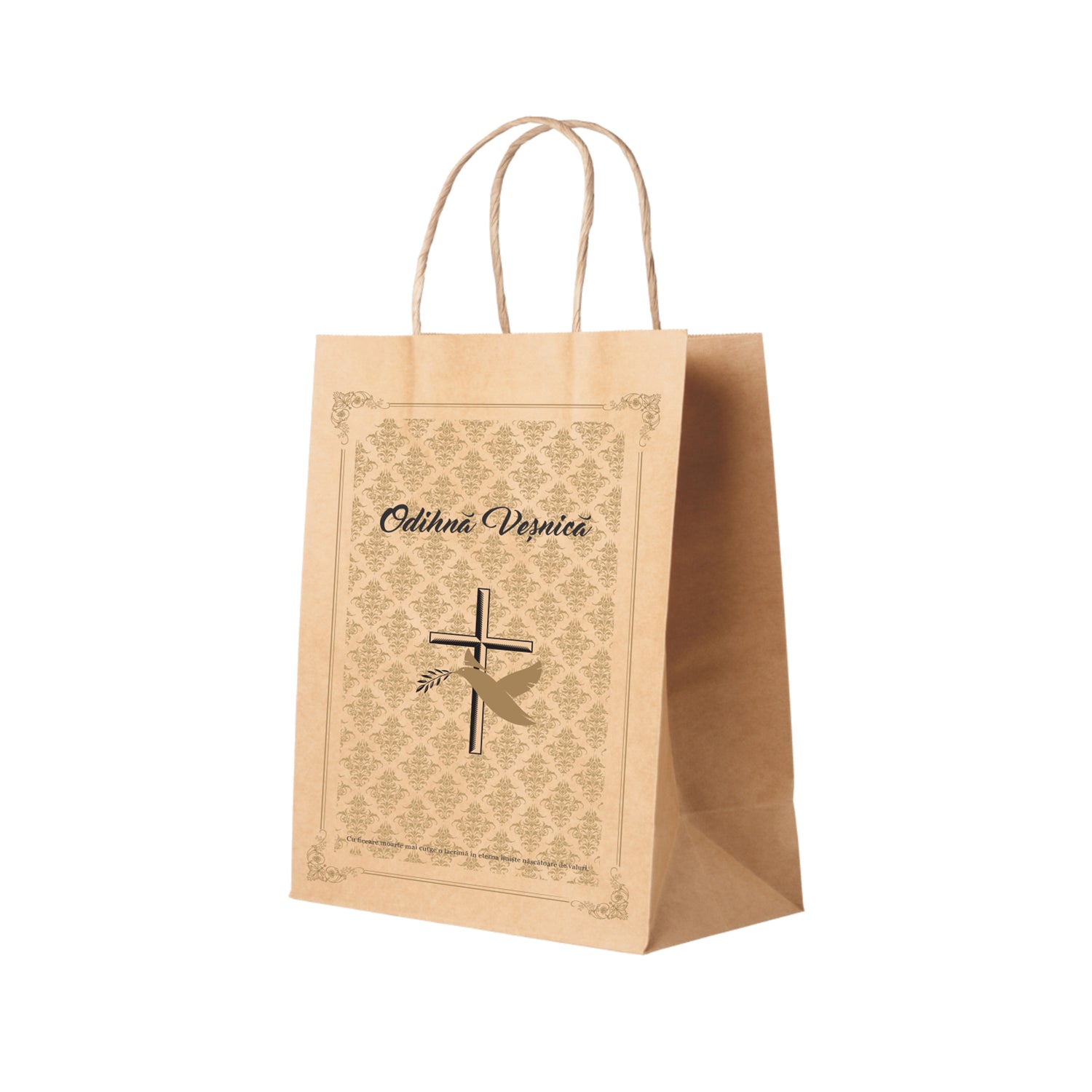 Pungă hârtie kraft NATUR pentru parastas, pomană, înmormântare „Porumbel Auriu” Odihnă Veşnică – mânere răsucite – 27 x 36(H) x 11 cm