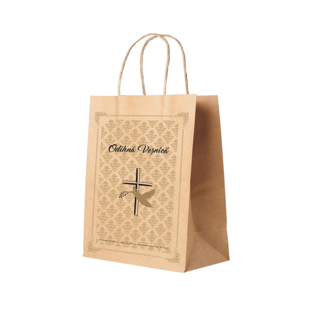 Pungă hârtie kraft NATUR pentru parastas, pomană, înmormântare „Porumbel Auriu” Odihnă Veşnică – mânere răsucite – 27 x 36(H) x 11 cm