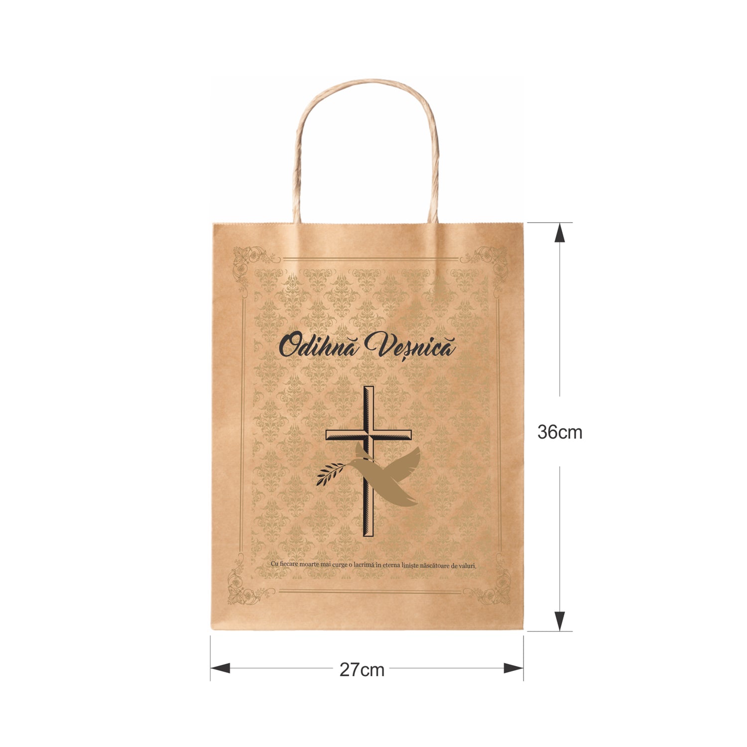 Pungă hârtie kraft NATUR pentru parastas, pomană, înmormântare „Porumbel Auriu” Odihnă Veşnică – mânere răsucite – 27 x 36(H) x 11 cm
