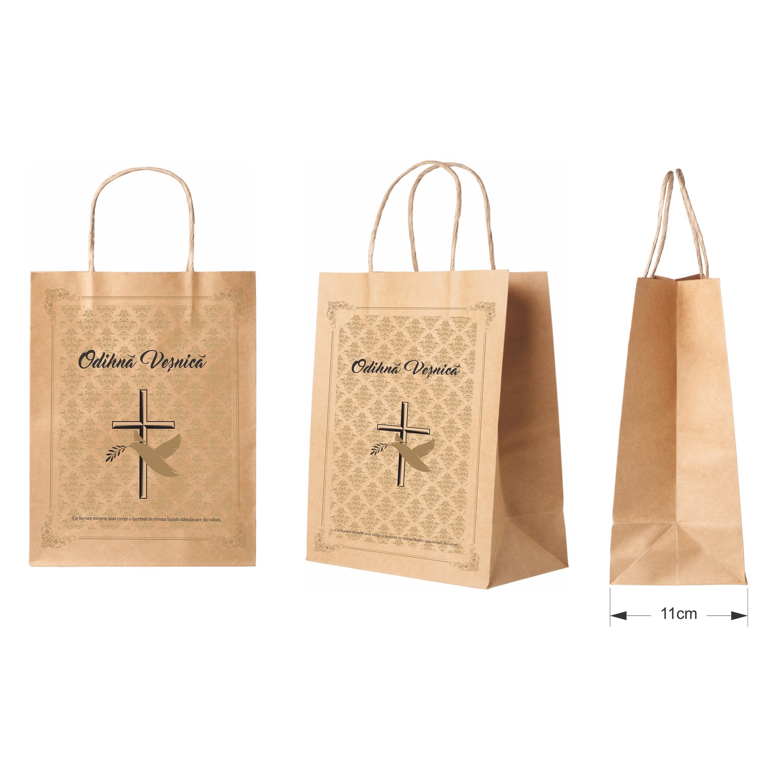 Pungă hârtie kraft NATUR pentru parastas, pomană, înmormântare „Porumbel Auriu” Odihnă Veşnică – mânere răsucite – 27 x 36(H) x 11 cm
