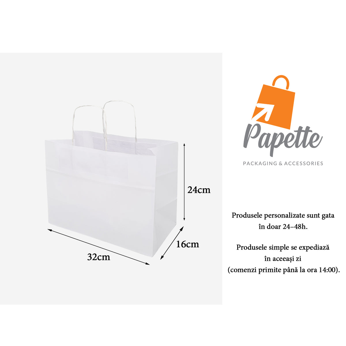 Kraftpapiertüte WEISS mit gedrehten Papierhenkeln 32 x 24(H) x 16cm