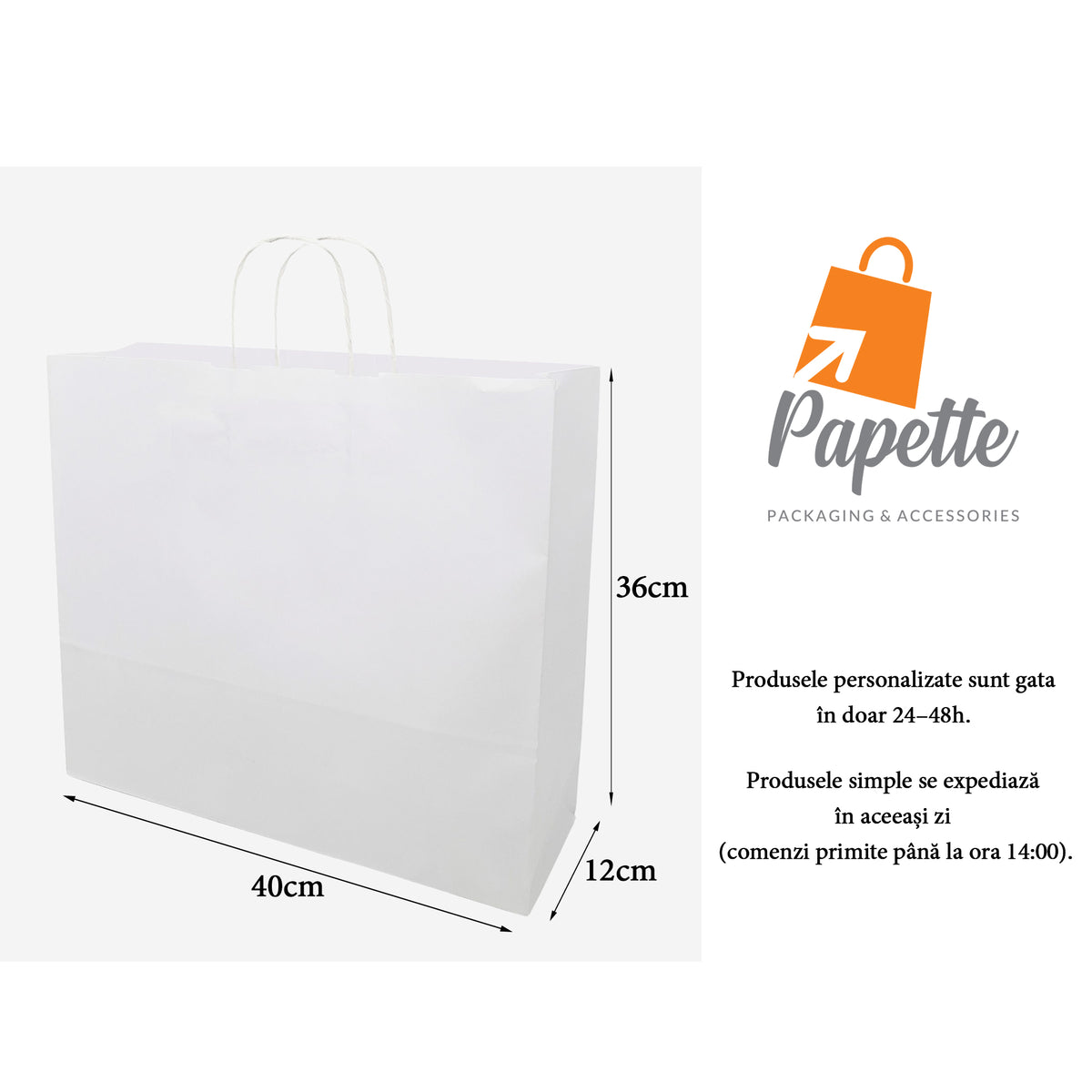 Kraftpapiertüte WEISS mit gedrehten Papierhenkeln 40 x 36(H) x 12cm