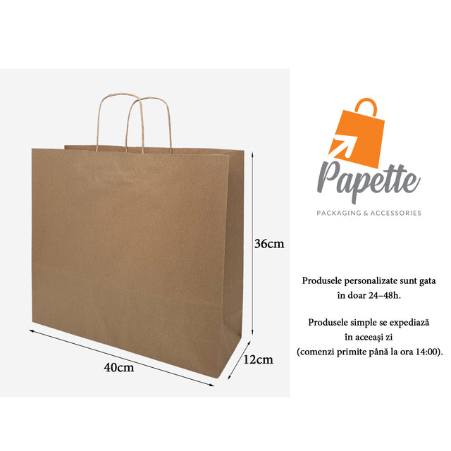 Pungă hârtie kraft NATUR cu mânere din hârtie răsucită 40 x 36(H) x 12cm
