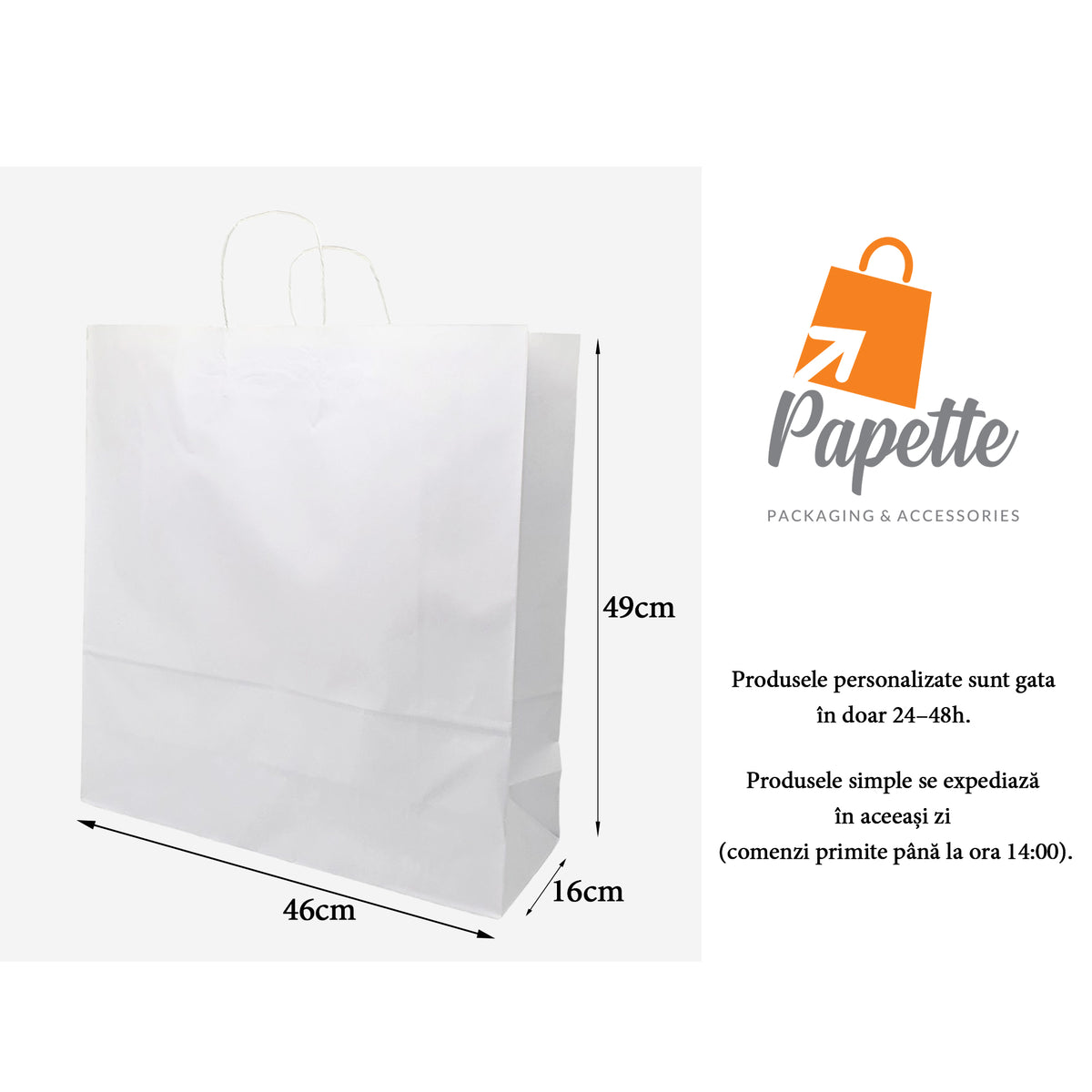 Kraftpapiertüte WEISS mit gedrehten Papierhenkeln 46 x 49(H) x 16cm