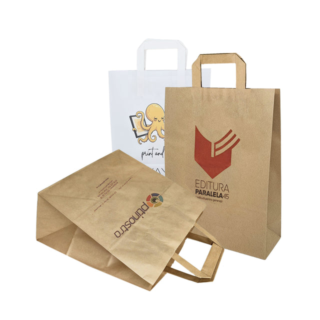 Pungă hârtie kraft NATUR Personalizată cu mânere plate din hârtie 32 x 27(H) x 17cm