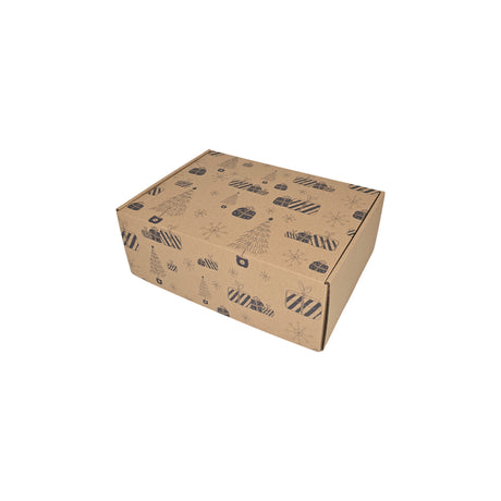 Cutie transport Craciun Blue Snow Glow din carton kraft natur cu fulgi aurii si argintii, 28 x 20 x 10cm – ambalaj cadouri festive