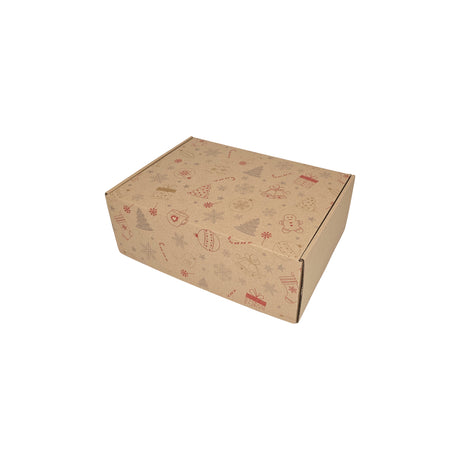 Cutie transport Craciun Candy Chaos din carton kraft natur cu fulgi aurii si argintii, 28 x 20 x 10cm – ambalaj cadouri festive