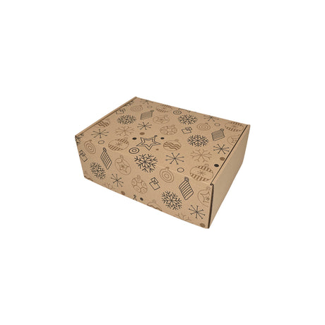 Cutie transport Craciun Golden Glow din carton kraft natur cu fulgi aurii si argintii, 20 x 15 x 5cm – ambalaj cadouri festive