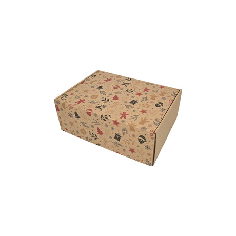 Cutie transport Craciun Holiday Remix din carton kraft natur cu fulgi aurii si argintii, 28 x 20 x 10cm – ambalaj cadouri festive