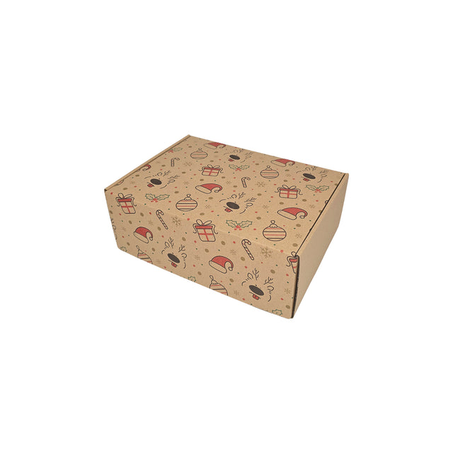 Cutie transport Craciun Jolly Reindeer din carton kraft natur cu fulgi aurii si argintii, 28 x 20 x 10cm – ambalaj cadouri festive