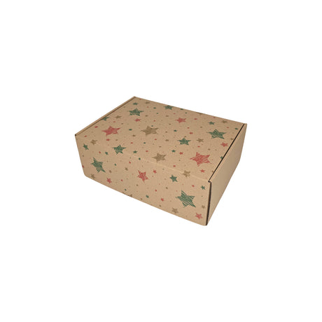 Cutie transport Craciun Merry Mix Stars din carton kraft natur cu fulgi aurii si argintii, 28 x 20 x 10cm – ambalaj cadouri festive