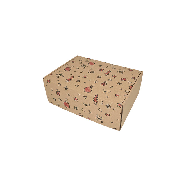Cutie transport Craciun Ornament Fiesta din carton kraft natur cu fulgi aurii si argintii, 28 x 20 x 10cm – ambalaj cadouri festive