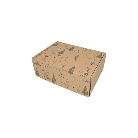 Cutie transport Craciun Snowy Friends din carton kraft natur cu fulgi aurii si argintii, 28 x 20 x 10cm – ambalaj cadouri festive