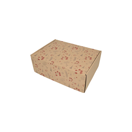 Cutie transport Craciun Winter Berries din carton kraft natur cu fulgi aurii si argintii, 28 x 20 x 10cm – ambalaj cadouri festive