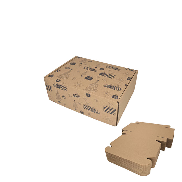 Cutie transport Craciun Blue Snow Glow si pachet de cutii pliabile din carton kraft natur cu imprimeu gri si auriu, 28 x 20 x 10cm - ambalaj pentru magazine online