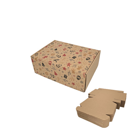 Cutie transport Craciun Holiday Remix si pachet de cutii pliabile din carton kraft natur cu imprimeu gri si auriu, 28 x 20 x 10cm - ambalaj pentru magazine online
