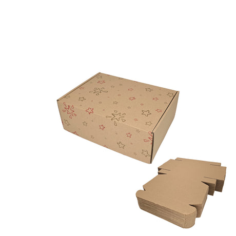 Cutie transport Craciun Star Sprinkle si pachet de cutii pliabile din carton kraft natur cu imprimeu gri si auriu, 28 x 20 x 10cm - ambalaj pentru magazine online