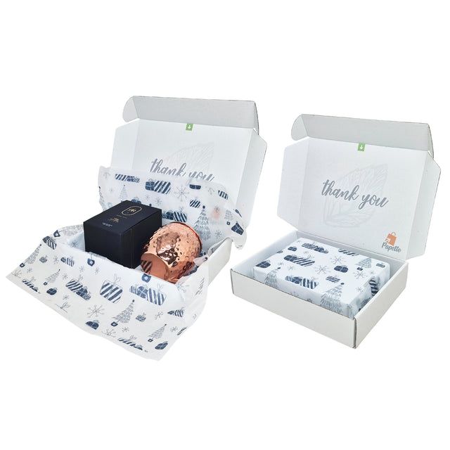 Cutie transport + hartie de matase model Crăciun Blue Snow Glow 17gsm – dimensiune 50x75cm