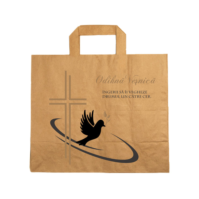 Pungă hârtie kraft NATUR pentru parastas, pomană, înmormântare „Drumul Spre Cer” Odihnă Veşnică – mânere plate – 32 x 27(H) x 21 cm
