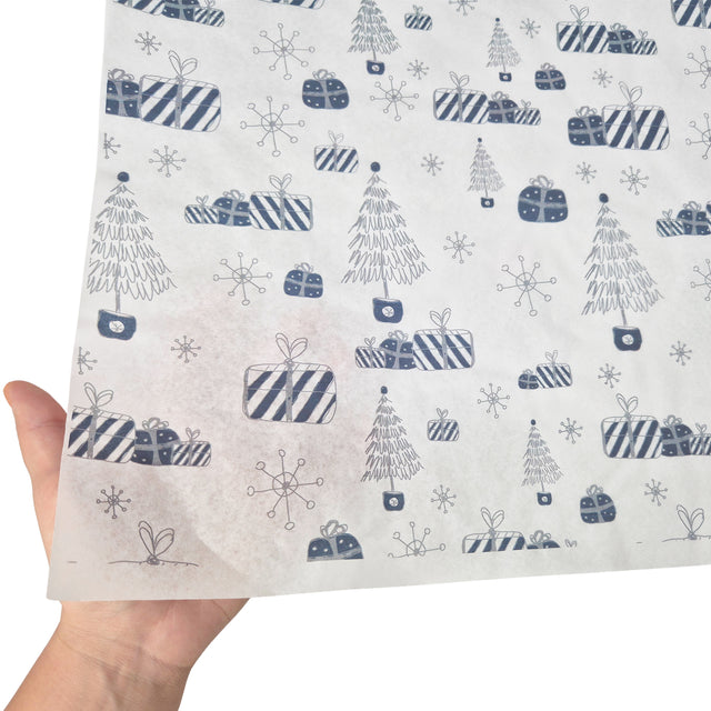 Hârtie de mătase model Crăciun Blue Snow Glow, textură și transparență, 28gsm – dimensiune 50x75cm