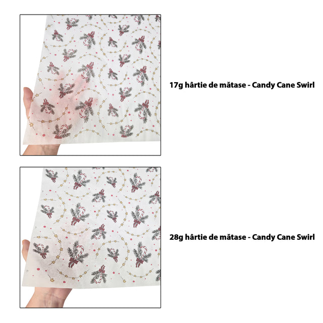 Hârtie de mătase model Crăciun Candy Cane Swirl 17 g/m² vs 28 g/m² comparație de transparență, dimensiune 50x75cm