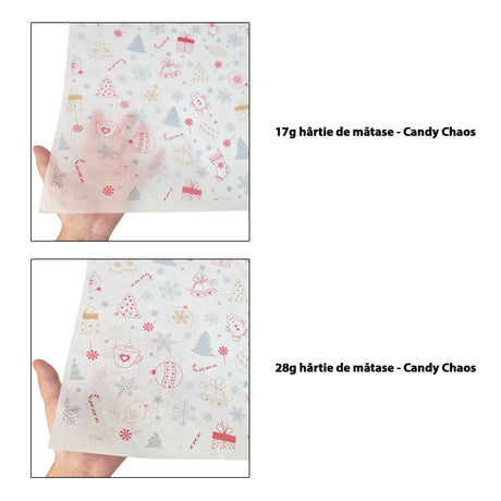 Hârtie de mătase model Crăciun Candy Chaos 17 g/m² vs 28 g/m² comparație de transparență, dimensiune 50x75cm