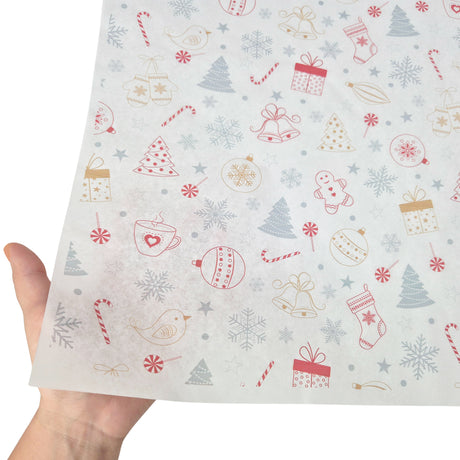 Hârtie de mătase model Crăciun Candy Chaos, textură și transparență, 28gsm – dimensiune 50x75cm