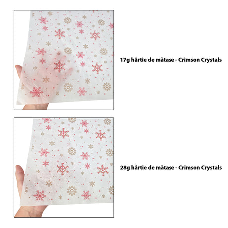 Hârtie de mătase model Crăciun Crimson Crystals 17 g/m² vs 28 g/m² comparație de transparență, dimensiune 50x75cm