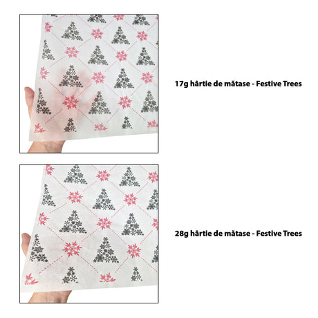 Hârtie de mătase model Crăciun Festive Trees 17 g/m² vs 28 g/m² comparație de transparență, dimensiune 50x75cm