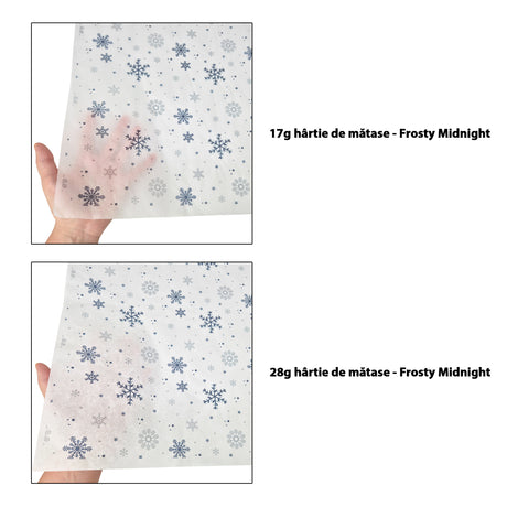 Hârtie de mătase model Crăciun Frosty Midnight 17 g/m² vs 28 g/m² comparație de transparență, dimensiune 50x75cm