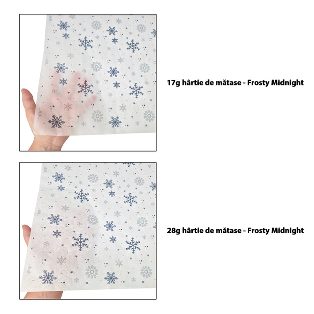 Hârtie de mătase model Crăciun Frosty Midnight 17 g/m² vs 28 g/m² comparație de transparență, dimensiune 50x75cm