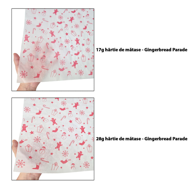 Hârtie de mătase model Crăciun Gingerbread Parade 17 g/m² vs 28 g/m² comparație de transparență, dimensiune 50x75cm