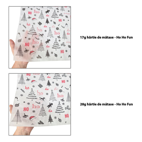 Hârtie de mătase model Crăciun Ho Ho Fun 17 g/m² vs 28 g/m² comparație de transparență, dimensiune 50x75cm