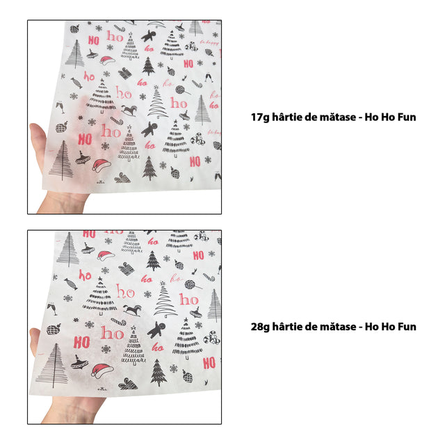 Hârtie de mătase model Crăciun Ho Ho Fun 17 g/m² vs 28 g/m² comparație de transparență, dimensiune 50x75cm