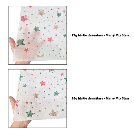 Hârtie de mătase model Crăciun Merry Mix Stars 17 g/m² vs 28 g/m² comparație de transparență, dimensiune 50x75cm
