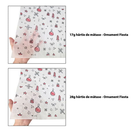 Hârtie de mătase model Crăciun Ornament Fiesta 17 g/m² vs 28 g/m² comparație de transparență, dimensiune 50x75cm